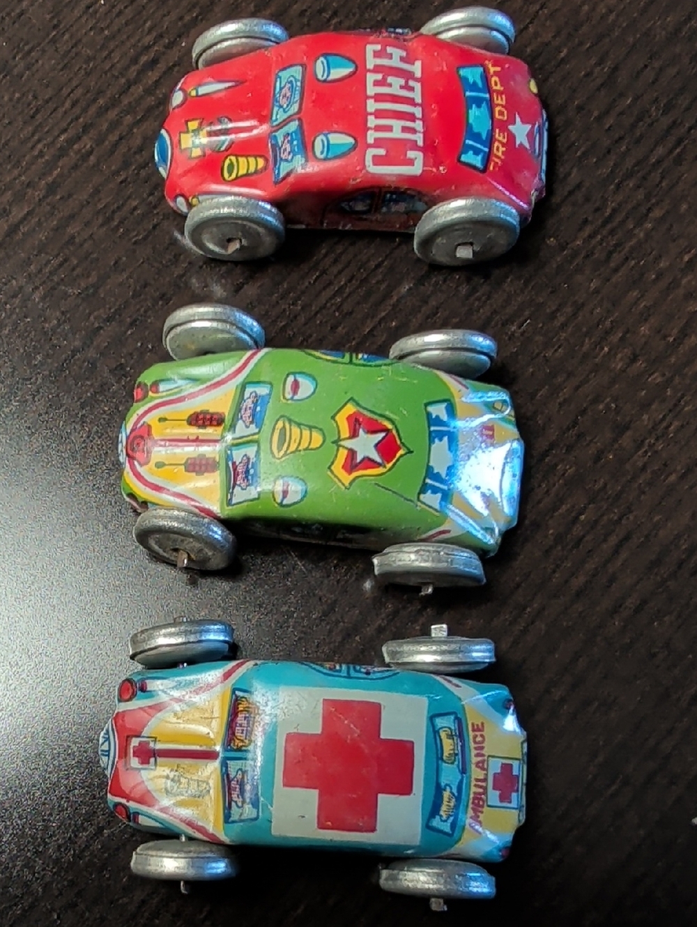 Vintage 1950s Litho Tin Rescue & Fire Metal Toy Cars Lot of 3 Rare Collectible